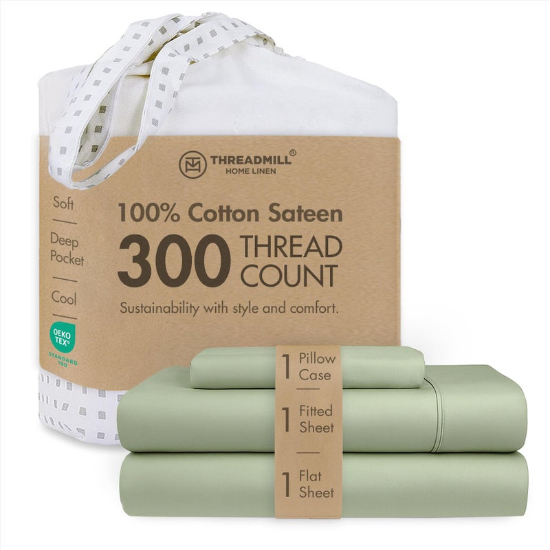 Threadmill Cotton Twin Sheet Set | 100% Cotton Sheets for Twin Size Bed | Solid Sateen Twin Bed Sheets Set with 16â€ Deep Pocket | Soft Breathable 3-Piece Cooling Sheet Set | Sage Green - Image 1